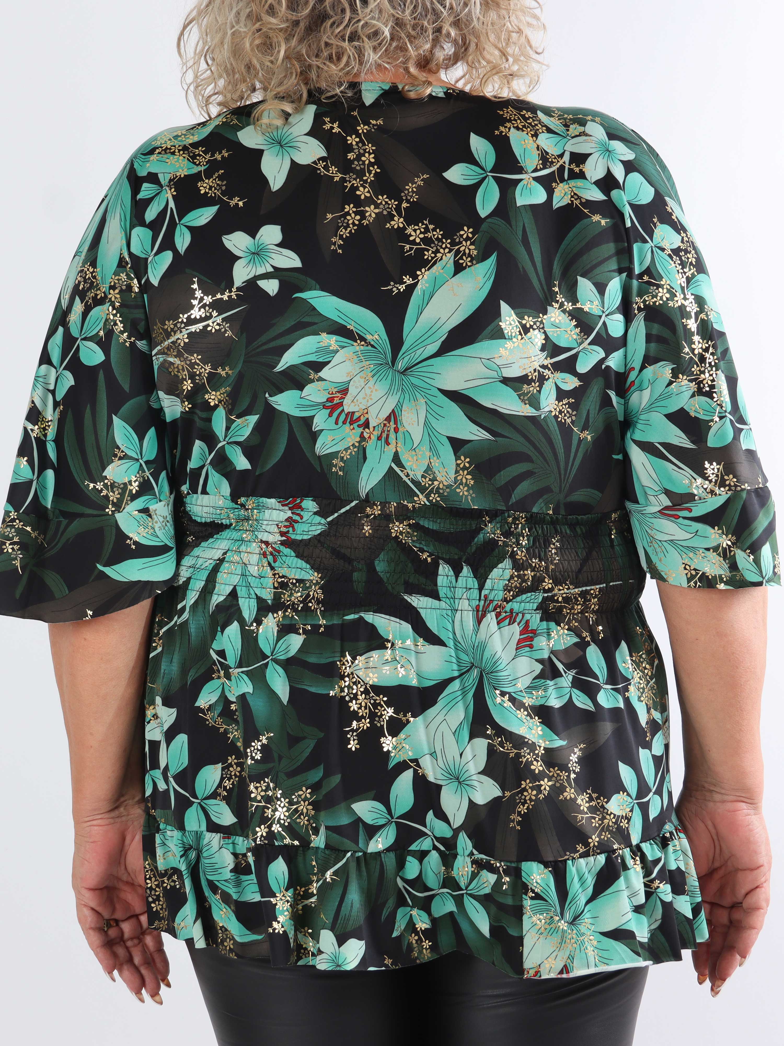Pamela Gold Flower Shirt - Sød plus size tunika med smock og flæser